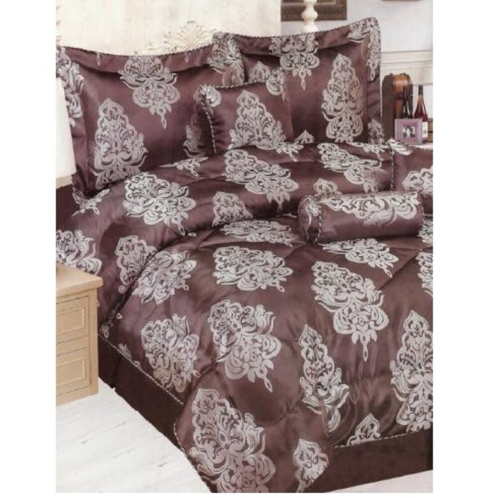 6 pcs Queen Baroque, Gothic, Victorian Comforter Bedding set. Brown Silvery/Blue